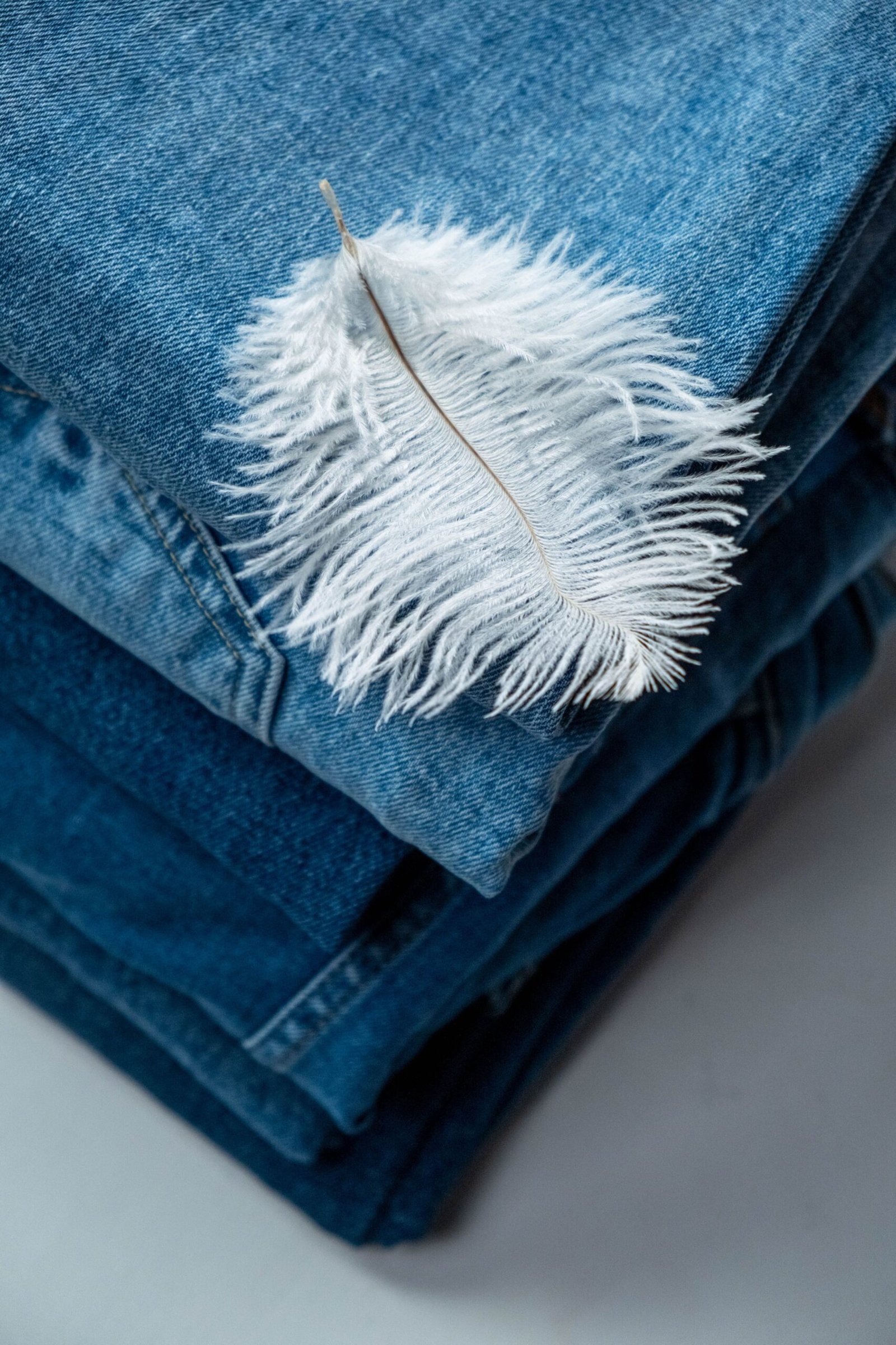 Stack of folded blue denim jeans with a white feather placed on top